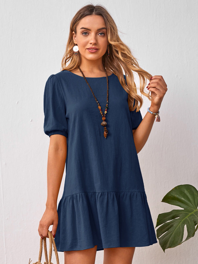 Short Sleeve Cotton Linen Ladies Dress