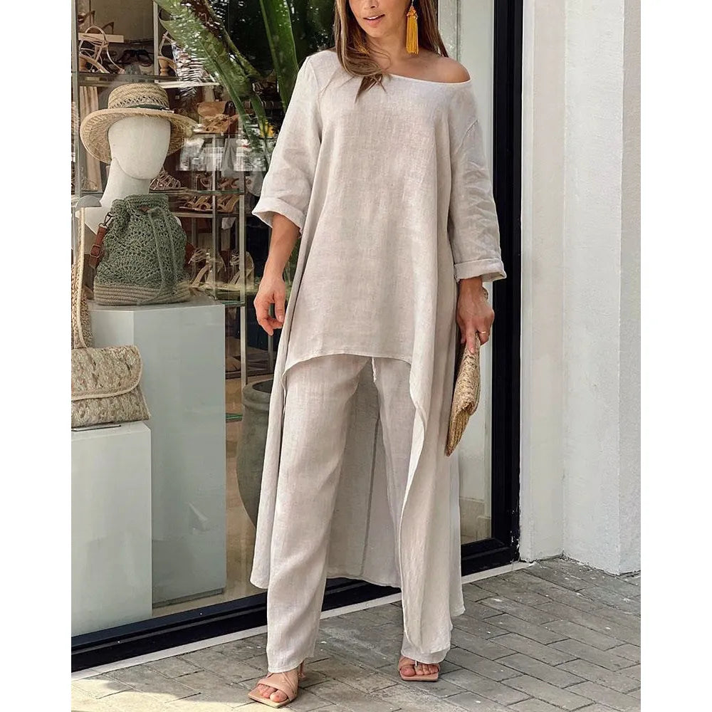 Cotton Linen Long Sleeve Top and Wide Leg Pants Suit Casual Solid 2 Pieces Set Woman Outfit