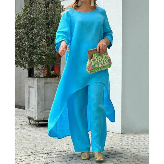 Cotton Linen Long Sleeve Top and Wide Leg Pants Suit Casual Solid 2 Pieces Set Woman Outfit