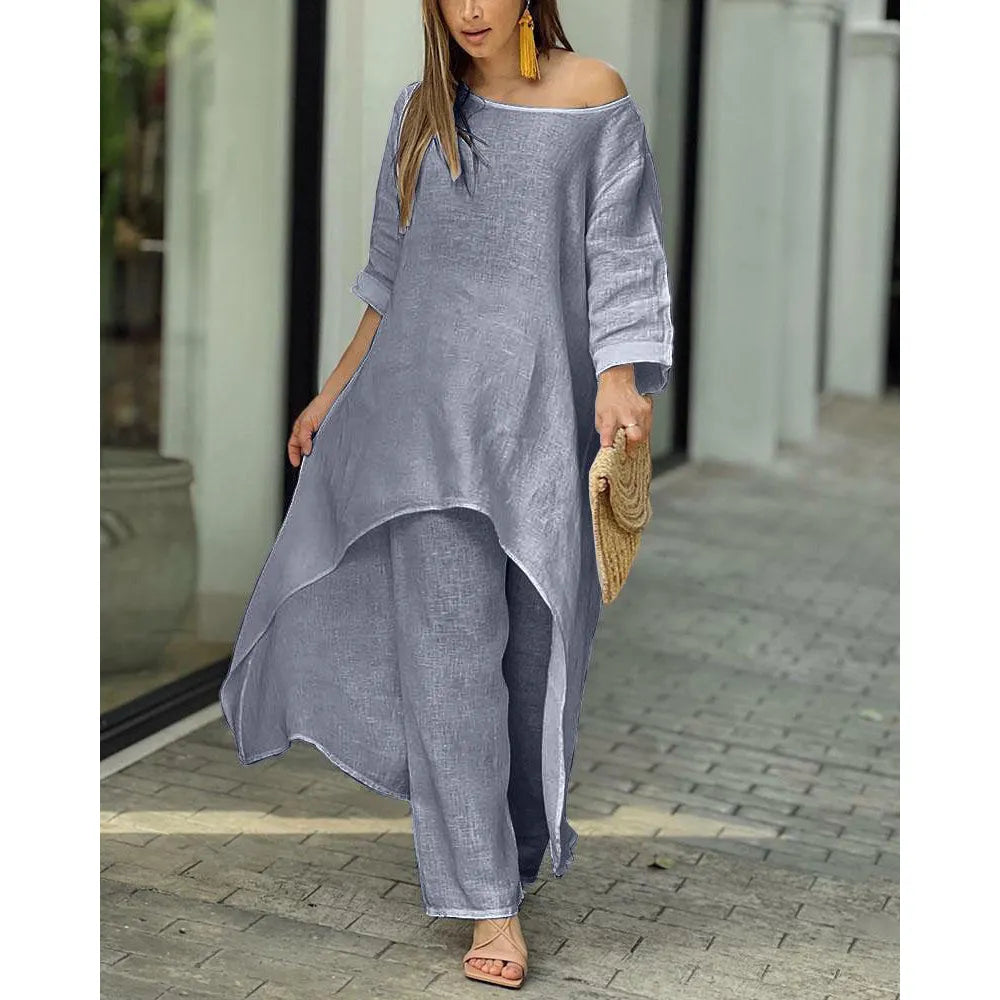 Cotton Linen Long Sleeve Top and Wide Leg Pants Suit Casual Solid 2 Pieces Set Woman Outfit