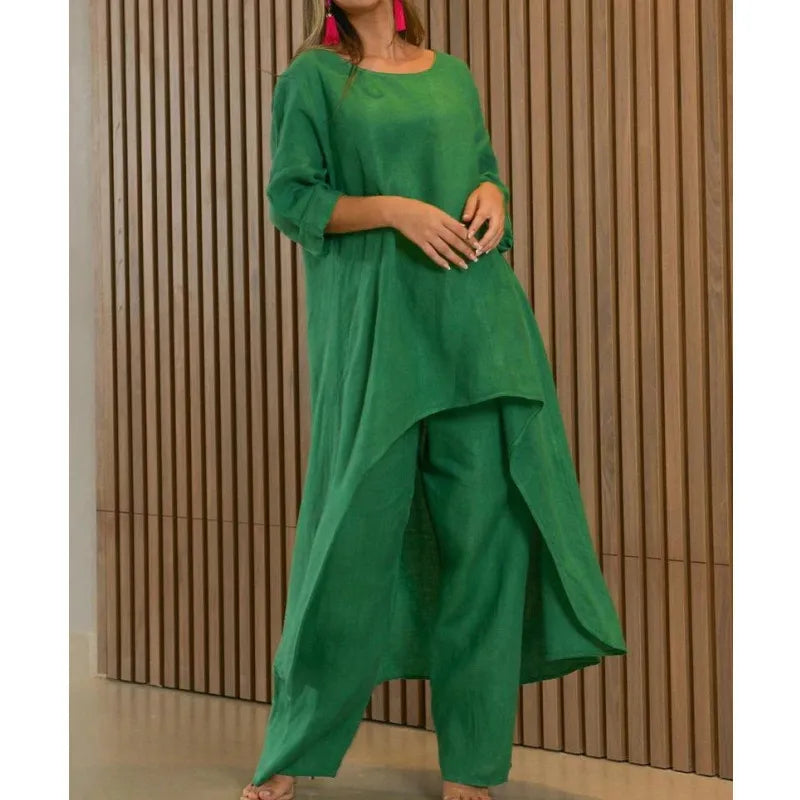 Cotton Linen Long Sleeve Top and Wide Leg Pants Suit Casual Solid 2 Pieces Set Woman Outfit