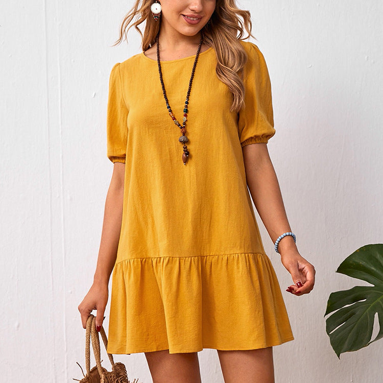 Short Sleeve Cotton Linen Ladies Dress